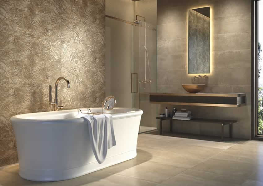 bathroom shower room with luxury bath and gold tiles